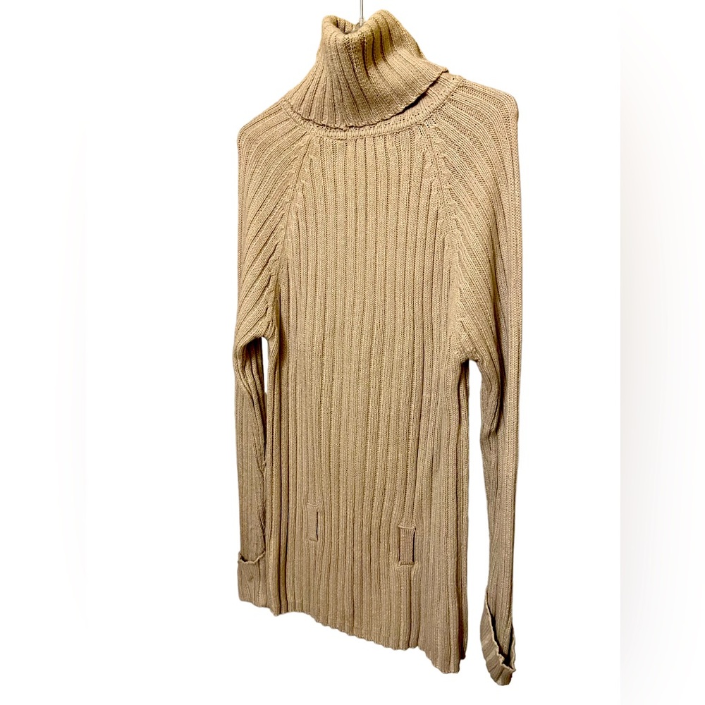 Turtleneck cable sweater cuffed sleeves